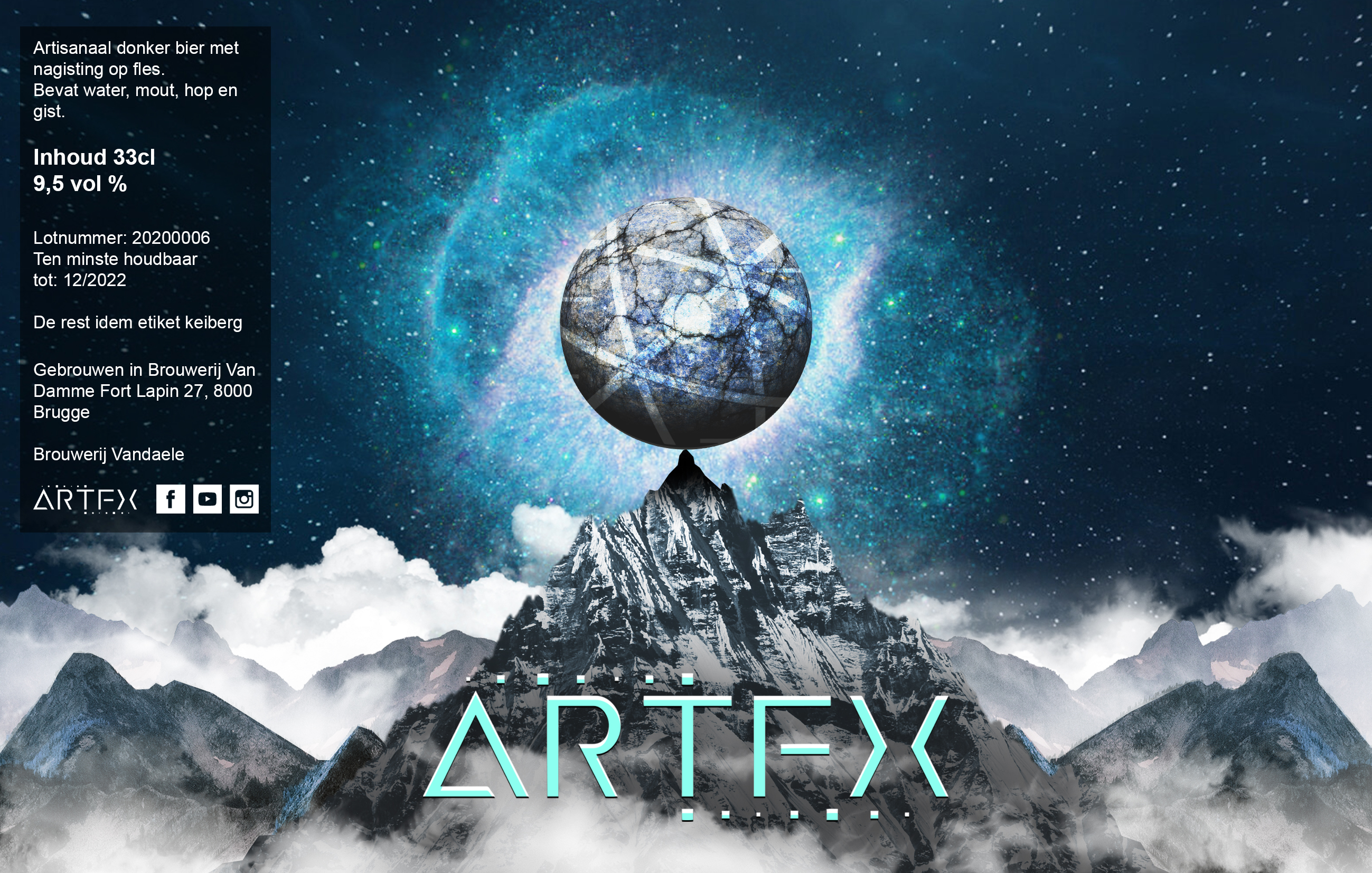 Etiket van metalband ARTFX: spitse rots met bolvormige kei op de top